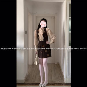French Style Sequin Waist-Cinching V-neck Vest Dress Womens Long Sleeve Polka Dot Shirt Two-piece Set Fashionable Ensemble
