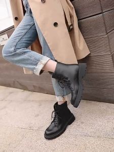 【In stock】Black Leather Boots for Women Korean High-top Shoes Fashion Casual Martin Boots