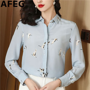 AFEG Korean shirt collar fashion loose slim vintage crane print chiffon long-sleeved blouse for women