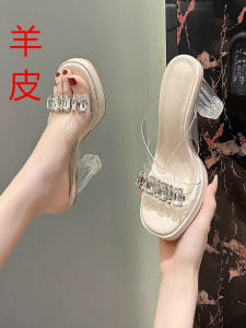 High Heel Sandals Womens Summer Outdoor Wear Waterproof Platform Crystal Heel Chunky Heel Slippers Korean Style Pure Color