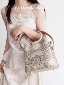 Botansa Vretha New Chinese Style Heavy Embroidery Silk Shoulder Bag Womens Handbag Leather Strap Crossbody Bag Handmade
