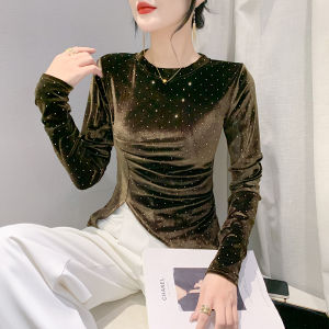 YIMEI เสื้อเบลาส์ผู้หญิงเข้ารูปเอวสไตล์เกาหลีบางเสื้อยืดสีดำอัดคอกลมอัดแน่นด้วยเม็ดเพชรเสื้อท่อนบนแขนยาวไม่สม่ำเสมอ