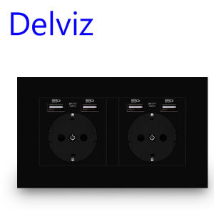 ปลั๊กไฟคู่ Delviz พอร์ตชาร์จในครัวเรือน โครงสร้างโครงเหล็ก มาตรฐาน EU 16A 220V~250V ปลั๊กไฟติดผนัง USB แผงสีเทา