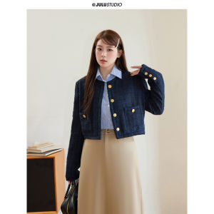 Juxiu Studio "island Princess" สั้น Kaki เสื้อแจ็คเก็ต หัวเข็มขัดสีทองสําหรับผู้หญิงอวบ สไตล์เกาหลี เสื้อครึ่ง กระโปรง ชุดแฟชั่น