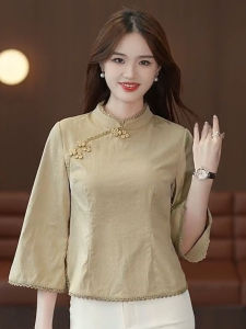 Áo Sơ Mi Cổ Đứng Thời Trang Phong Cách Trung Hoa Mới Dành Cho Nữ Mùa Xuân 2025 Áo Sơ Mi Cổ Bẻ Tay Bảy Áo Sơ Mi Cổ Bẻ