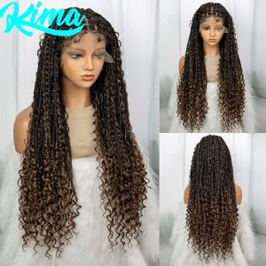 Mái Tóc Giả Tết Kiểu Boho Không Nút Thắt 1B/30 Ombre Tổng Hợp Dành Cho Phụ Nữ Da Đen Kiểu Tóc Giả Lưới Trước Với Tóc Con Tết Kiểu Box Braids Kích Thước Mũ Trung Bình