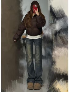 กางเกงยีนส์ทรงขาบานเอวต่ำสำหรับผู้หญิง กางเกงขายาวทรงขาบานเอวสูงสไตล์ย้อนยุคสไตล์อเมริกัน กางเกงขายาวทรงหัวม้าสำหรับฤดูใบไม้ผลิ