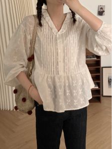 Pure Cotton Long Sleeve Embroidered Shirt Womens V-neck Loose Fit Fashionable Korean Style Spring Autumn New Arrival