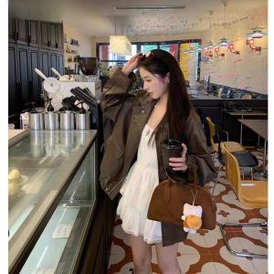 Brown Leather Jacket Womens Autumn Winter Korean Style Cool Small Size Motorcycle Clothes Loose Long Sleeve Jacket Mermaid Vintage