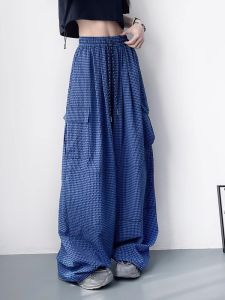 WANGGONGZHU | กางเกงขายาวทรงหลวมเอวสูงผ้าไหมน้ำแข็ง กางเกงขายาวทรงหลวมสำหรับผู้หญิงในช่วงฤดูร้อน กางเกงขายาวทรงหลวมแบบบางสำหรับใส่ทำงาน