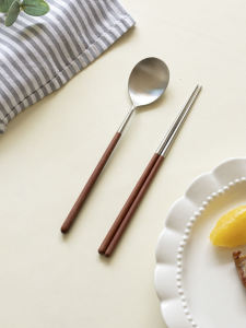 Portable Outdoor Stainless Steel 304 Cutlery Set Chicken Wing Wood Spoon Chopsticks Soup Spoon Shell Dining Utensils