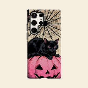BILIBILI | Pink Pumpkin Black Cat Luxury Fashion Full Lens Protective Case for Samsung Galaxy S26 S25 S24 A56 A36 Plus Ultra