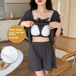 Padded Pajamas Womens Summer Short Sleeve Pure Cotton Outwear Casual Suit Korean Style Home Wear Thin 2024 New Arrival
