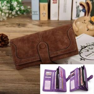 Ví Nữ Dài Bằng Da PU Nubuck Chống RFID Nhiều Ngăn Đựng Thẻ Có Ngăn Đựng Tiền Xu Khóa Kéo Đóng Mở Bằng Nút Bấm