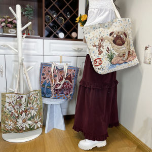 กระเป๋าสะพายไหล่ผ้าฝ้ายลินินขนาดใหญ่สำหรับผู้หญิง กระเป๋าผ้าฝ้ายลินินลายสุนัขน่ารัก กระเป๋าผ้าฝ้ายลินินสำหรับนักเรียน กระเป๋าสะพายไหล่แบบยูนิเซ็กซ์