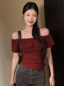 French Style Pure Desire Wine Red Lace Trim One Shoulder T-Shirt Women Summer Sweet And Spicy Girl Exposure Shoulder Top