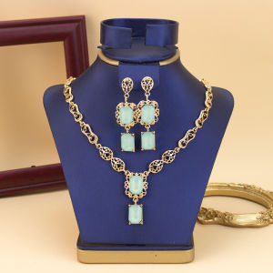 Morocco Style Necklace Earring Set For Women Luxury Arabic Red Green Crystal Square Pendant Neck Chian Bridal Jewelry