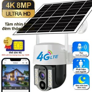 Camera An Ninh Ngoài Trời V380 Pro 8MP 4K Sử Dụng Năng Lượng Mặt Trời Có Khe Cắm SIM 4G Không Dây Phát Hiện Chuyển Động PIR Chống Nước Giám Sát CCTV