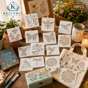 16Pcs Botanical Stencils Reusable PET DIY Painting Templates Flower Butterfly Bee for Wood Sign Canvas Bag Wall Scrapbook Crafts