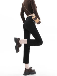 High Waist Straight Leg Denim Jeans Womens Slim Fit Double Buckle French Bread Label Elastic Slimming Nine Tube Pants