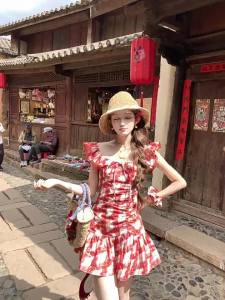 Rose Fragrance Mid-length Flounce Checkered Belted A-line Dress