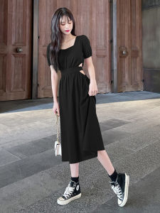 ชุดเดรสยาวแขนพองคอเหลี่ยมเข้ารูปสไตล์เกาหลีสำหรับผู้หญิงในฤดูร้อน ชุดเดรสยาวคลุมเข่าสีแดง กระโปรงทรงเอ ชุดทำงาน