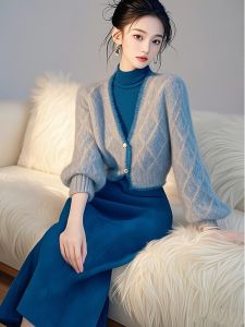 GOUWU | Elegant CHIC Blue Knit Sweater Dress