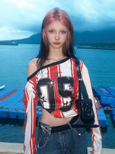 Loose Long Sleeve Womens T-shirt American Sports Style Spring Autumn New Star Letter Base Shirt Casual Slip-Shoulder Top Tee