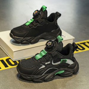 SOFEI Sepatu Hitam Sekolah Sepatu Anak Laki-Laki Casual Sneakers Ringan Tombol Putar Mesh Running