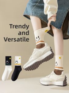 JINGCHI | Womens Mid-Calf Smiley Face Socks Sport Cotton Moisture Wicking Sweet Style Autumn Winter Long Trendy INS Cotton Socks