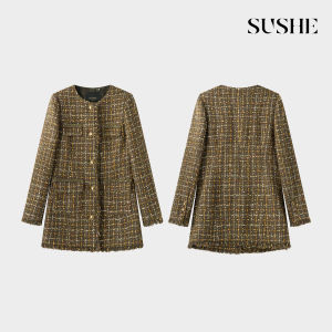SUSHE | Glitter Gold Yarn Tweed Tailored Waist Medium Long Jacket