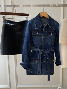 Blue Denim Jacket Salt System Versatile Spring 2025 Workwear Design Womens Fashion Straight Cut Long Sleeve Polo Collar Coat