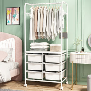 Multi-Layer Standing Clothes Drying Rack Bedroom Home Use Organizer with Drawer Overnight Clothes Collection Cart