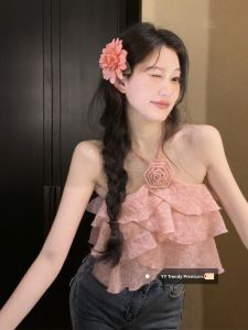 Pure Desire Pink Hanging Neck Strap Vest Womens Winter New Outwear Design Sensation Small Belly Exposure Sleeveless Top