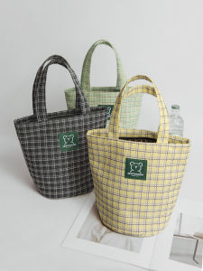 Large Capacity Lunch Box Handbag Womens Bucket Bag Casual Work Handbag Grid Pattern Soft Handle Polyester Material