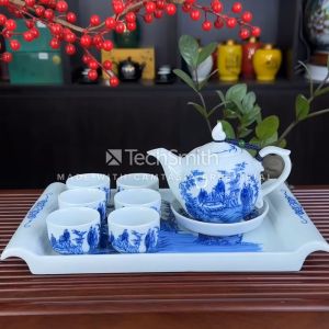 Bộ Ấm Pha Trà Men Lam Chóp Lửa Khay Chữ Nhật Bát Tràng Trúc Lâm Thất Hiền - Ấm Dung Tích 330ML