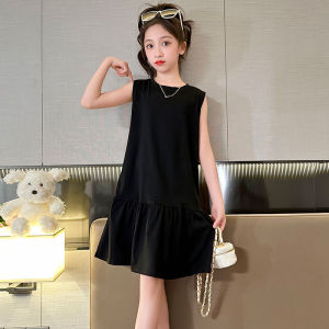 Girl Dress Summer Kids Black Vest Skirt Casual Korean Knitted Skirt Womens Youth Western Style Sleeveless Skirt