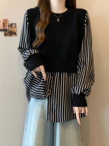 เสื้อเชิ้ตแขนยาวลายทางสีดำ เสื้อกั๊กถัก เสื้อคลุมแบบสวมหัว ทรงหลวม สำหรับผู้หญิงไซส์ใหญ่ ฤดูใบไม้ร่วง ใหม่ สไตล์เกาหลี แขนยาว ปกคอกลม