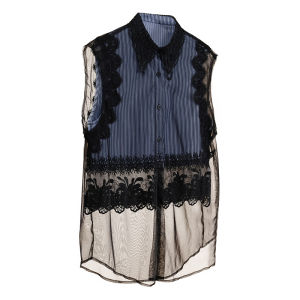 Elegant Design Lace Collar Double Layer Chiffon Sleeveless Striped Lined Top