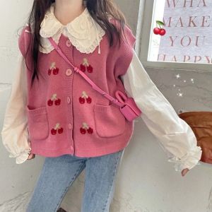 Spring Autumn Womens Knitted Sweater Vest Long Sleeve Shirt Two-Piece Set Cute Active Style Polyester Material Fashionable Ensemble