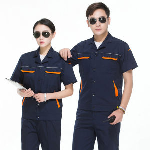 ฤดูร้อนการจับคู่สีสะท้อนแสงแขนสั้นชุดทำงานโรงงานชุดทำงานเหงื่อระบายอากาศชุดทำงานโรงงานซ่อมรถยนต์