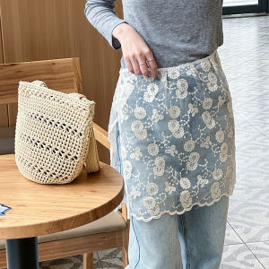 XUANXUAN | Korean Style Lace Trim Silk Scarf Skirt Apron Pleated Half-length Womens Spring Summer New Belted Layered Tie-up Skirt Curtain