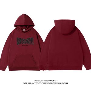 Hip Hop American Retro Lettering Loose Fit Hoodie Mens Autumnal Wine Red Jacket Casual Comfortable Polyester Cotton Blend