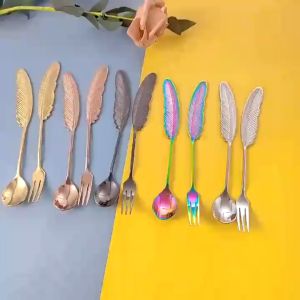 304 Stainless Steel Fruit Couple Fork Spoon Tableware Feather Teaspoons Gift Christmas Creative Tea
