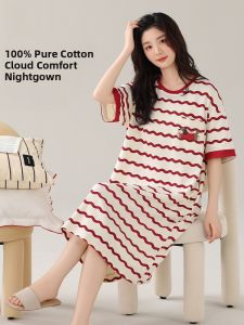 miiow | Adjustable Pure Cotton Short Sleeve Sleepwear Womens Home Clothes Cat Person Summer Nightgown With Chest Pad Outdoor Wear