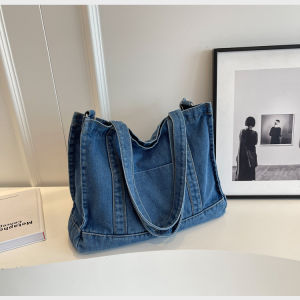 Large Capacity Denim Tote Bag Womens Fashionable Casual Commuter Bag Single Shoulder Canvas Handbag Korean Style Shopping Bag