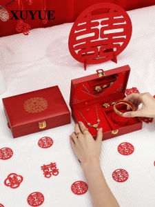 Xuyue Red Leather Jewelry Box with Mirror for Engagement and Wedding Gift Three Gold Five Metal Yellow Gold Jewelry Case