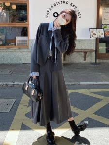 Gray British College Style Womens Suit Set Three-Piece Long Sleeve Shirt And Skirt Ensemble Autumn 2025 Fashion Casual Wear