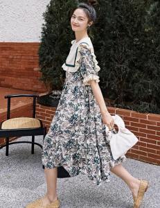 Short Sleeve Collar Flowy Waist Pleated Tucks Loose Floral Print Midi Dress - P006-029