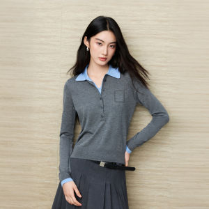 PEACEBIRD | Contrast Color Layered Style Knitted Sweater Silk-Wool Blend Collared
